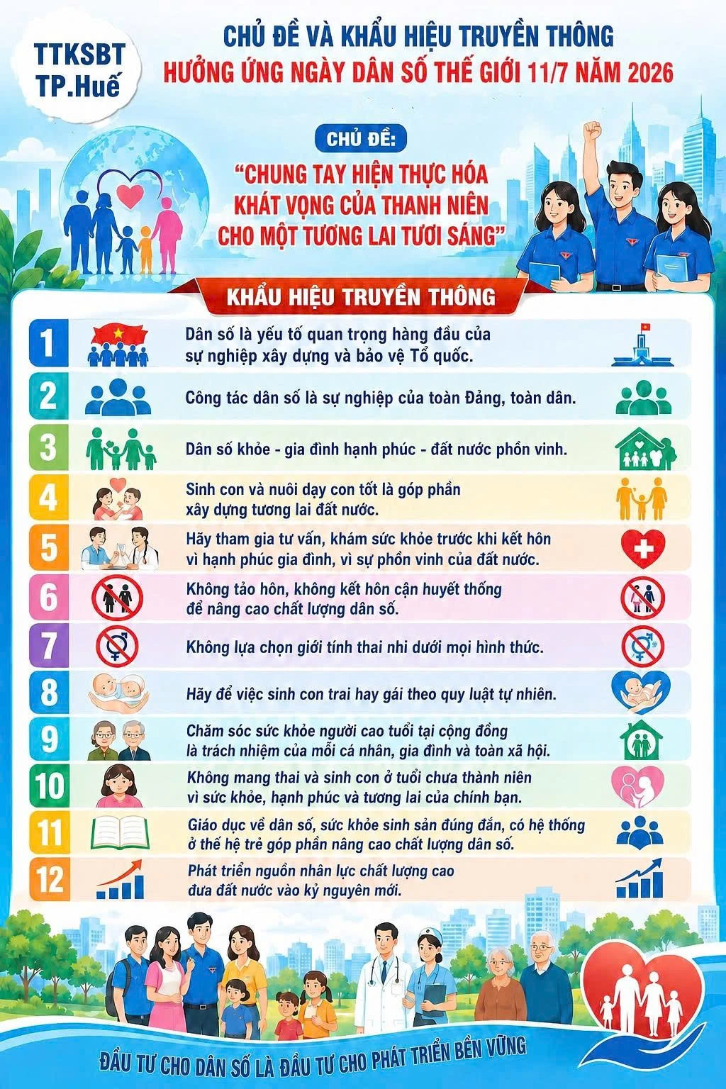 Hưởng ứng Ngày Dân số Thế giới 11/7/2026 với chủ đề “Chung tay hiện thực hóa khát vọng của thanh niên cho một tương lai tươi sáng”.