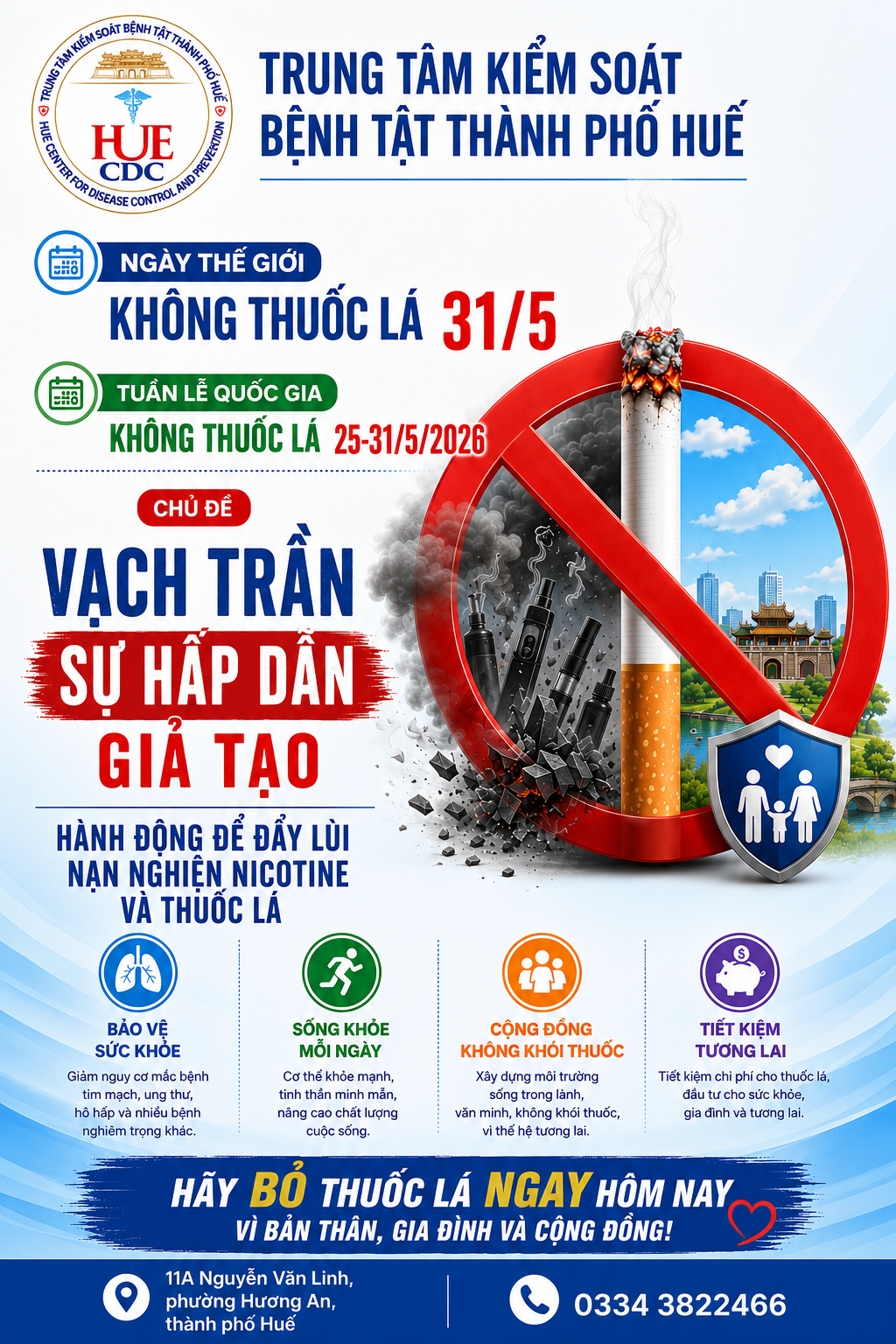 Ngày Thế giới không thuốc lá 31/5 năm 2026 của Tổ chức Y tế Thế giới với chủ đề “Vạch trần sự hấp dẫn giả tạo – Hành động để đẩy lùi nạn nghiện nicotine và thuốc lá”