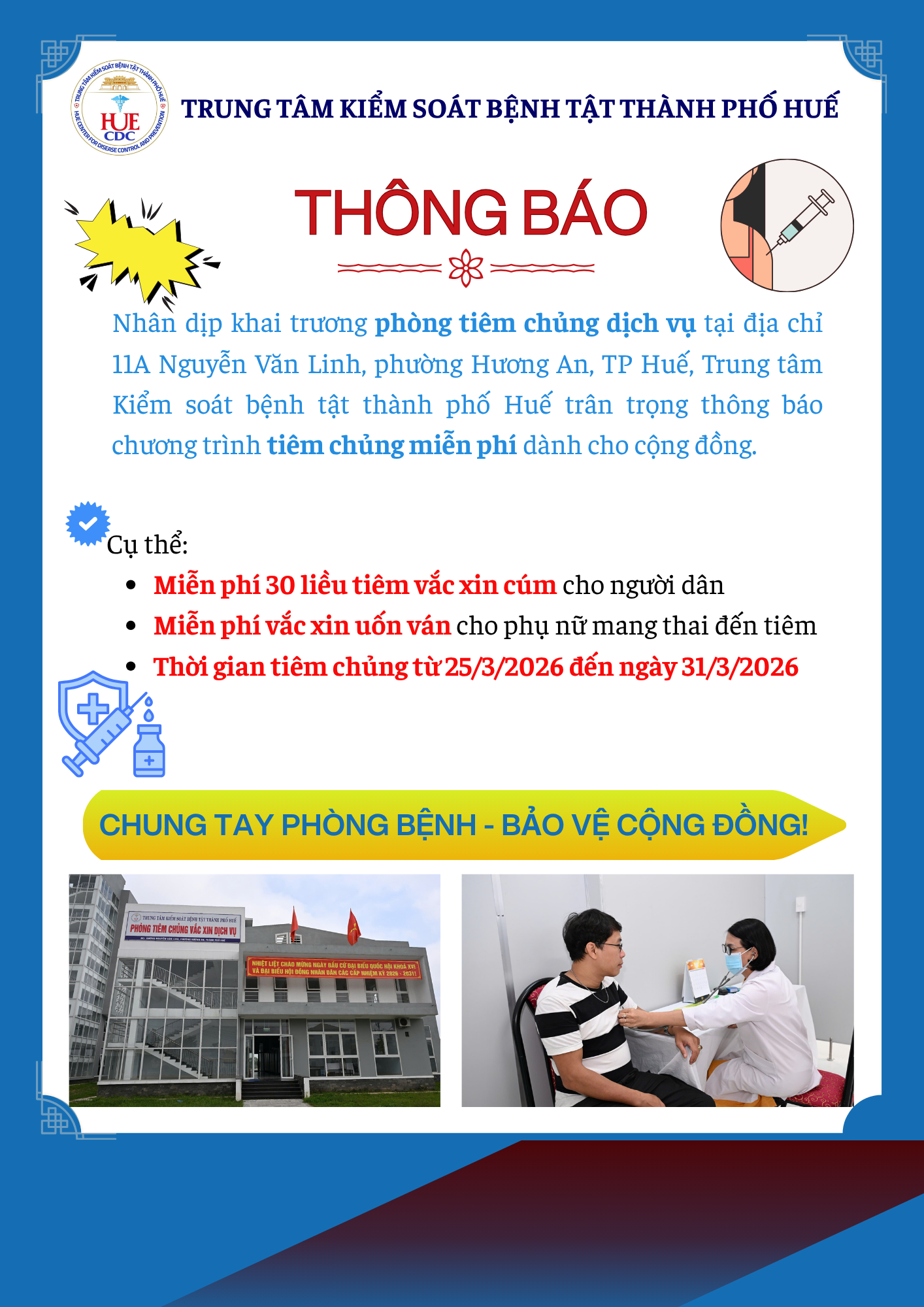 Thông báo Tiêm Vắc xin Cúm và Vắc xin Uốn ván cho phụ nữ mang thai miễn phí.